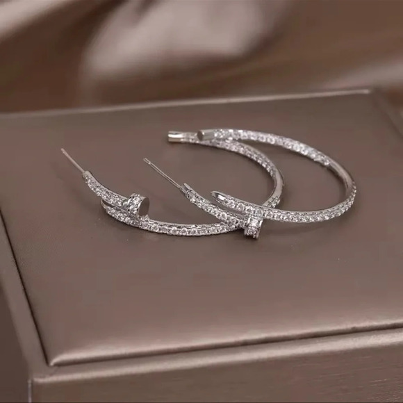 Silver Nail Crystal Hoop Earrings - Picture 6 of 6